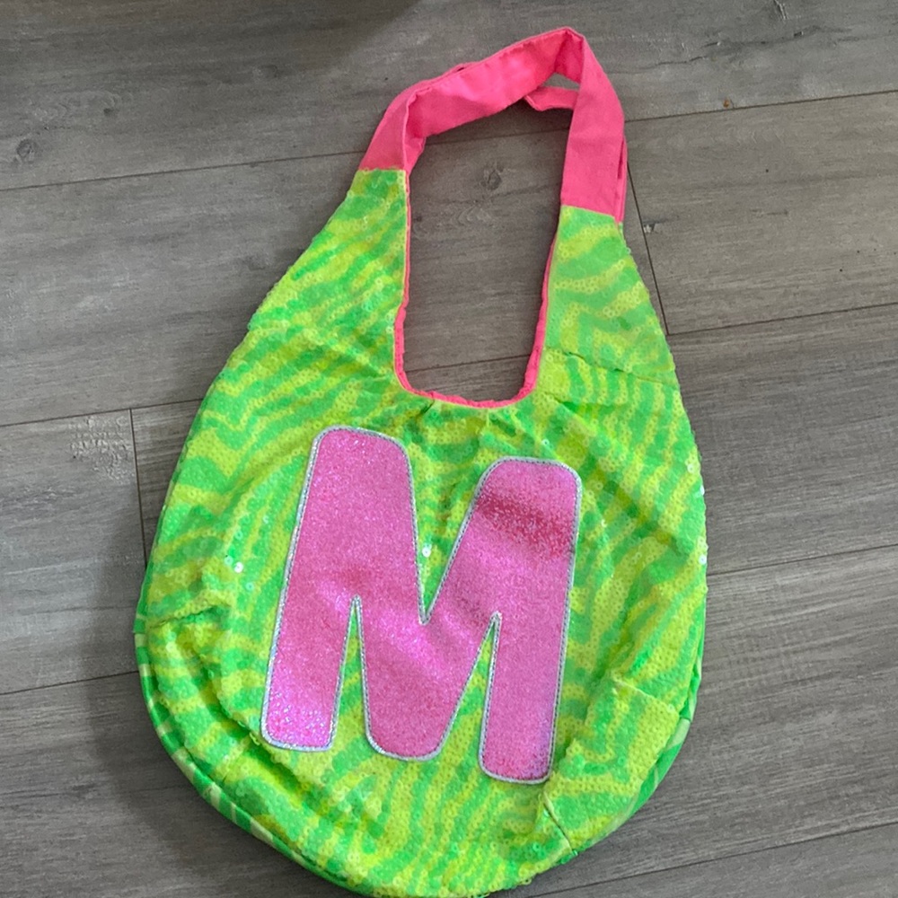 JUSTICE tiger purse shoulder bag lime sequin glitter neon ‘M’ pink tote